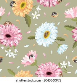 Seamless pattern with Jumping spiders sitting on the gerbera daisy flowers. Vector illustraton
