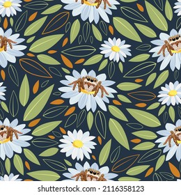 Seamless pattern with Jumping spiders sitting on the daisy flowers. Vector illustraton