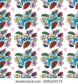 Nahtloses Muster mit June-Schriftzug, handgezeichneten Blumen und Blättern. Vektorgrafik.