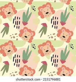 Seamless pattern with jungle animals, cute lion and tropical plants. Hand drawn vector illustration. For kids