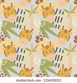 Patrón sin foco con animales de la selva, jirafa linda y plantas tropicales. Ilustración vectorial dibujada a mano. Para niños