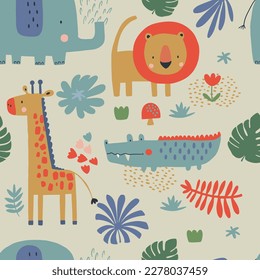 Seamless pattern with Jungle animals' elephant' giraffe, crocodile. Hand drawn vector illustration. For kids