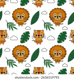 Seamless pattern with jungle animals in flat style. Safari with lion, tiger, clouds and tropical plants. Pattern with jungle animals. Vector children s pattern