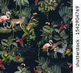 Seamless pattern with jungle animals, flowers and trees. Vector.