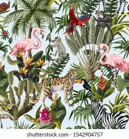 Seamless pattern with jungle animals, flowers and trees. Vector.