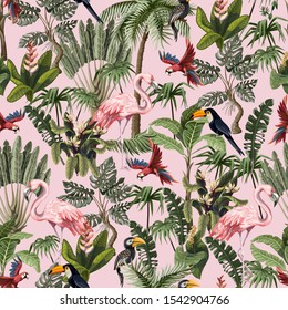 Seamless pattern with jungle animals, flowers and trees. Vector.