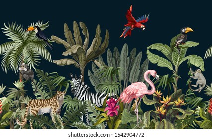 Seamless pattern with jungle animals, flowers and trees. Vector. - Shutterstock ID 1542904772