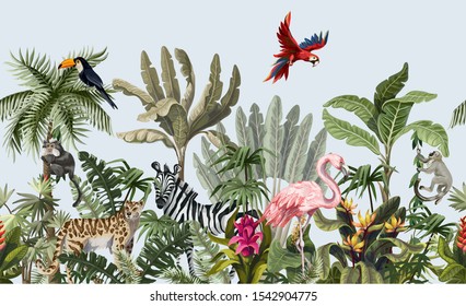 Nahtloses Muster mit Dschungeltieren, Blumen und Bäumen. Vektorgrafik.