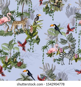 Seamless pattern with jungle animals, flowers and trees. Vector.