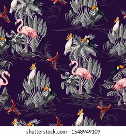 Seamless pattern with jungle animals, flowers and trees. Vector.