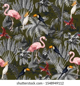 Seamless pattern with jungle animals, flowers and trees. Vector.