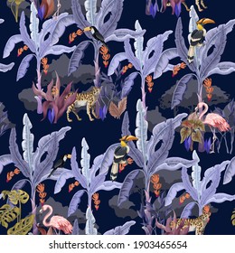 Seamless pattern with jungle animals, flowers and trees. Vector.