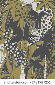 Seamless pattern with jungle animals, flowers and trees. Vector.