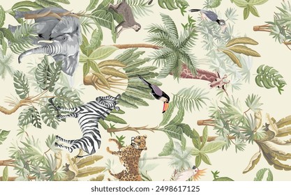 Seamless pattern with jungle animals, flowers and trees. Vector.
