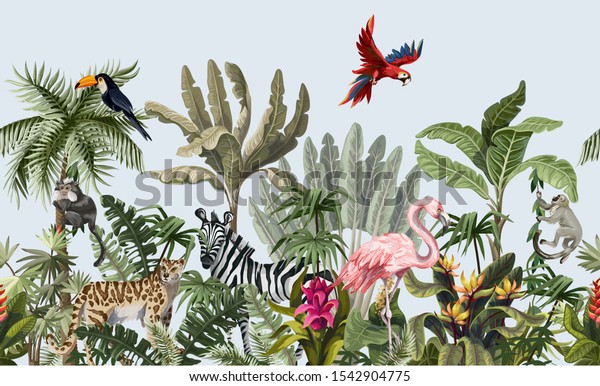 Seamless pattern with jungle animals, flowers and trees. Hallway wallpaper. Vector.