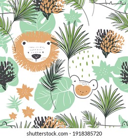 Seamless pattern  with Jungle animals. Hand drawn vector illustration. For kids