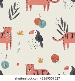 Seamless pattern  with Jungle animals. Hand drawn vector illustration. For kids