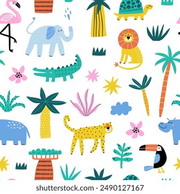 Seamless pattern with Jungle animals. Hand drawn vector illustration.