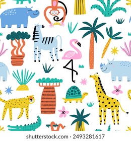 Seamless pattern with Jungle animals. Hand drawn vector illustration.