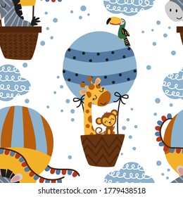 seamless pattern with jungle animals and hot air balloon - vector illustration, eps