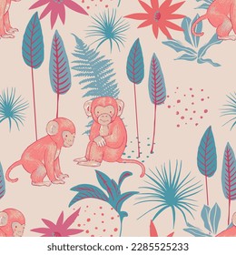 Seamless pattern  with Jungle animals. Monkey. Hand drawn vector illustration. For kids