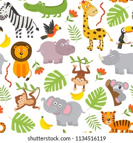 seamless pattern jungle animals  on  white background  -  vector illustration, eps