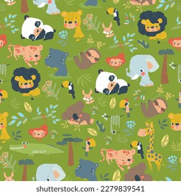 Seamless Pattern with Jungle Animals on Green Background