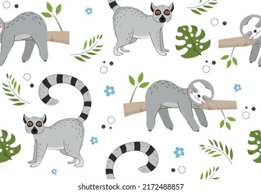 Seamless pattern with jungle animals. Repeating template with lemur, sloth sleeping on branch, leaves and flowers. Design element for printing on children clothing. Cartoon flat vector illustration