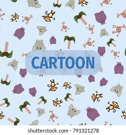 Seamless pattern from the jungle animals such as monkey, elephant, giraffe, and hippopotamus, and a palm tree at the light blue background and hand drawn word cartoon.