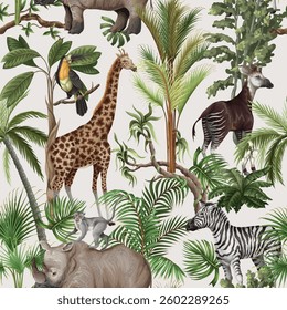 Seamless pattern with jungle animals and trees. Palm trees, giraffe, okapi, zebra etc.  Vector