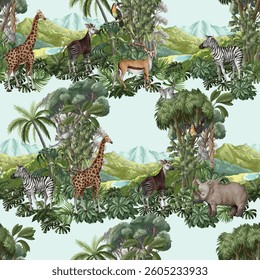 Seamless pattern with jungle animals and trees. Palm trees, giraffe, okapi, zebra etc.  Vector