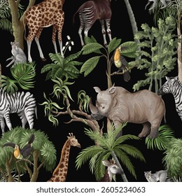Seamless pattern with jungle animals and trees. Palm trees, giraffe, okapi, zebra etc.  Vector