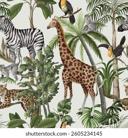 Seamless pattern with jungle animals and trees. Palm trees, giraffe, okapi, zebra etc.  Vector