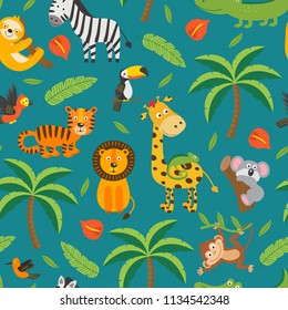 seamless pattern with jungle animals and tropical plants