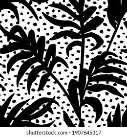 Seamless pattern. Jungle background. Tropic leaves. Summer print. Black and white pattern. Palm leaf. Repeated outline texture. Repeating trendy design. Monochrome exotic leaf. Tropical leaves. Vector