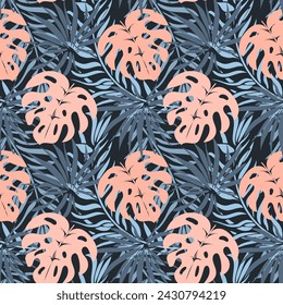 Seamless pattern, jungle, colorful tropical leaves on a dark background. Print, background, textile, wallpaper, vector