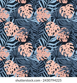 Seamless pattern, jungle, colorful tropical leaves on a dark background. Print, background, textile, wallpaper, vector