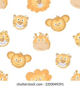 Seamless pattern with jungle cute animal characters. Funny elephant, giraffe, lion, tiger,monkey. Children pattern. Faces of wild animals. Vector illustration on white background.