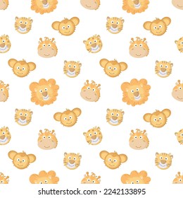 Seamless pattern with jungle cute animal characters. Funny elephant, giraffe, lion, tiger,monkey. Children pattern. Faces of wild animals. Vector illustration on white background.
