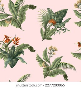 Seamless pattern with jungle flowers and leaves. Vector