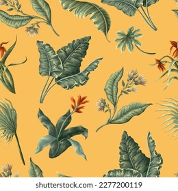 Patrón sin foco con flores y hojas de la jungla. Vector