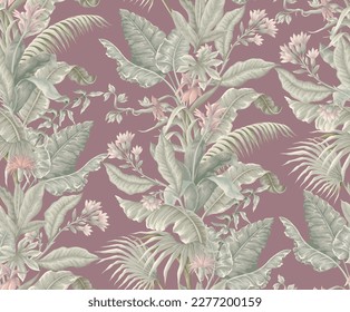 Seamless pattern with jungle flowers and leaves. Vector