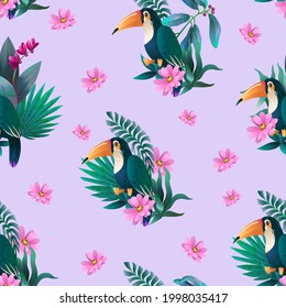 Seamless pattern with jungle flowers and toucans. Vector.