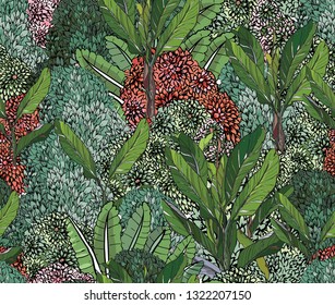 Seamless Pattern Jungle Forest Exotic Rainforest Asian Tropics Oriental Art India Palms in Mountains Outlines