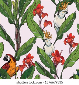 Seamless Pattern Jungle Forest Exotic Plants Wildlife Parrot Birds in Cana Flowers Big Leaves