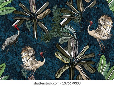 Seamless Pattern Jungle Forest Exotic Plants Wildlife Crane Birds in Palms in Navy Blues Leaves