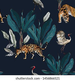 Seamless Pattern Jungle Forest Exotic Plants Wildlife Animals Tiger and Heron Birds with Sloth Realistic Hand drawn Design Fine lines Ink Outline on Dark Background Night Dramatic