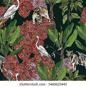 Seamless Pattern. Jungle Forest Exotic Plants Wildlife Animals Tiger and Heron Birds in Palms and Pink Flowers Hand drawn Design Ink Outline on Dark Background Night Dramatic Mysterious Illustration