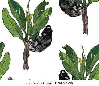 Seamless Pattern Jungle Forest Tropical Plants Banana Trees with Sloth with Baby Chess