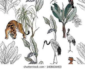 Seamless Pattern Jungle forest Tropical Leaves Outlines Ink Drawing Art Print Tiger, Chinese Cranes and Hoopoe Bird in Palm Trees